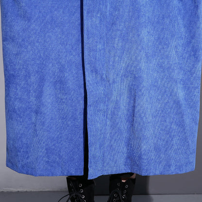 Fine Blue Long Coat Stand Zippered Trench Coat Boutique Long Sleeve Pockets Baggy Long Coats