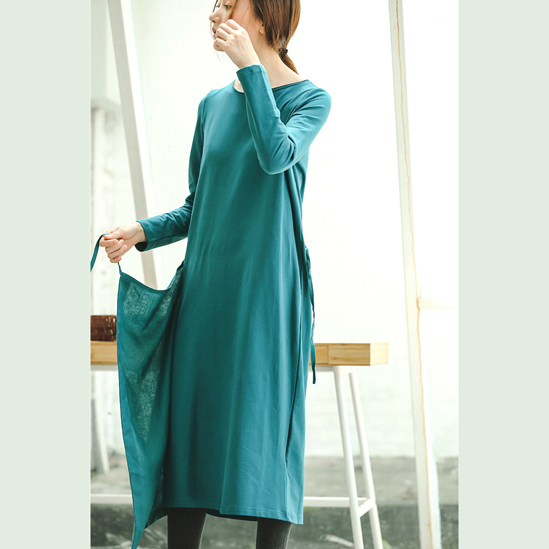 Fine Blue Clothing Dresses Tie Waist Asymmetrical Design Fine O Neck Midi Dress
