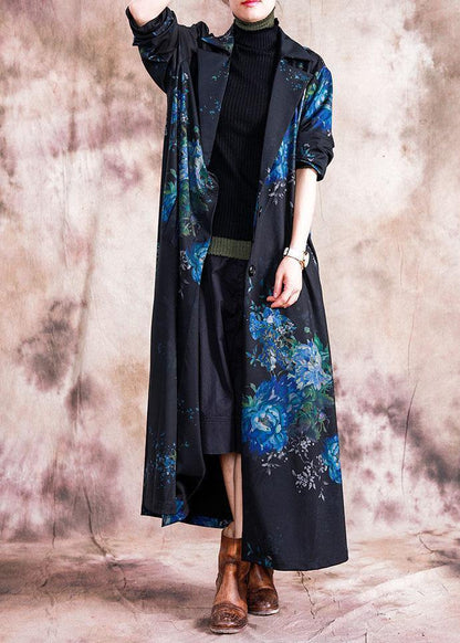 Fine Blue Prints Coats Loose Fitting Trench Coats Fall Outwear Lapel Collar