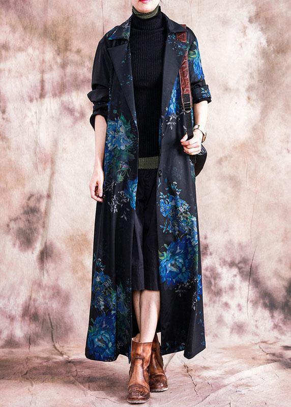 Fine Blue Prints Coats Loose Fitting Trench Coats Fall Outwear Lapel Collar