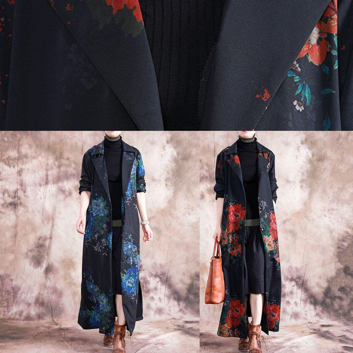 Fine Blue Prints Coats Loose Fitting Trench Coats Fall Outwear Lapel Collar