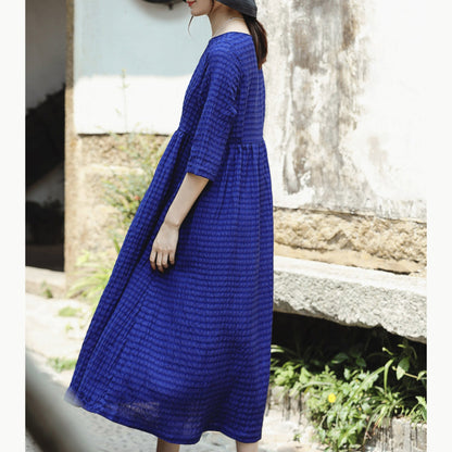 Fine Blue Silk Linen Dress O Neck Baggy Dresses New Half Sleeve Large Hem Silk Linen Dresses
