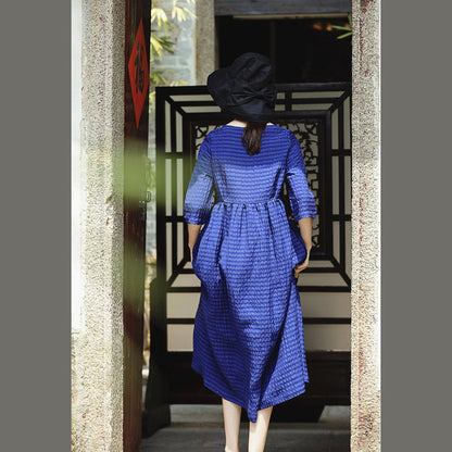 Fine Blue Silk Linen Dress O Neck Baggy Dresses New Half Sleeve Large Hem Silk Linen Dresses