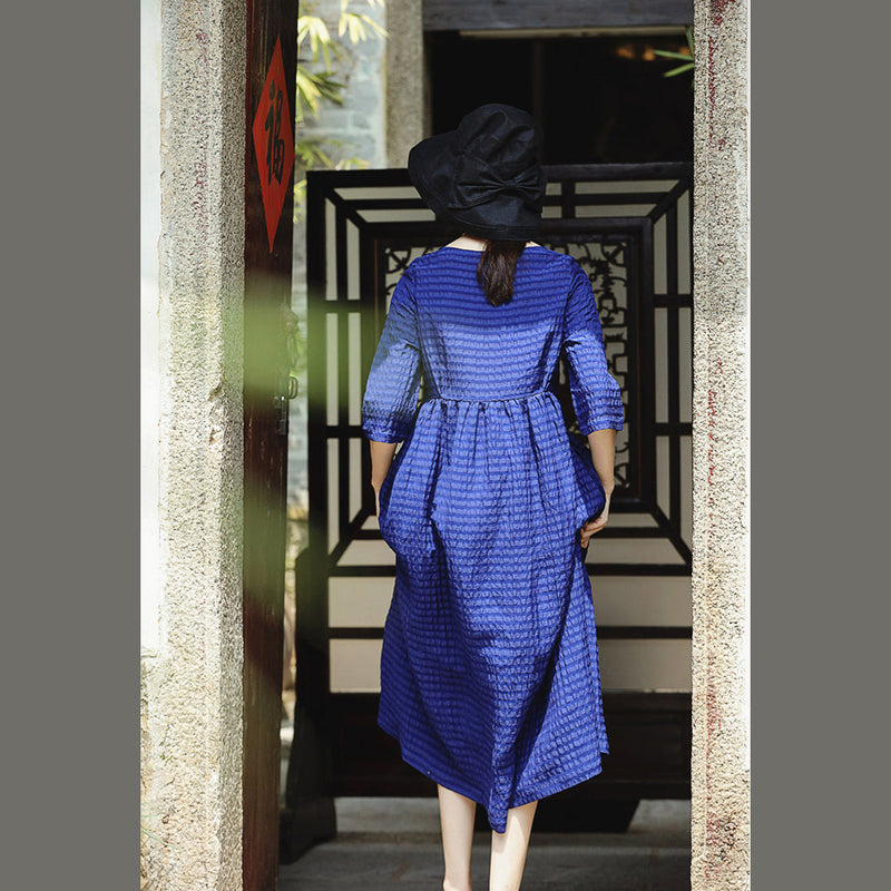 Fine Blue Silk Linen Dress O Neck Baggy Dresses New Half Sleeve Large Hem Silk Linen Dresses