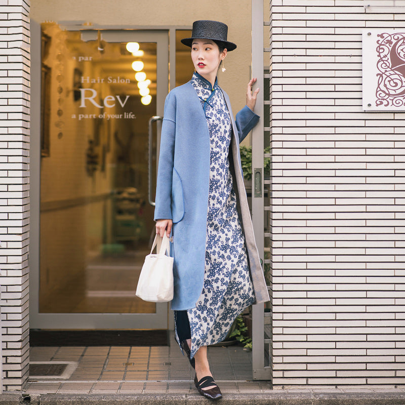 Fine Blue Wool Coat for Woman Two Ways to Wear Winter Jackets Embroidery Coats