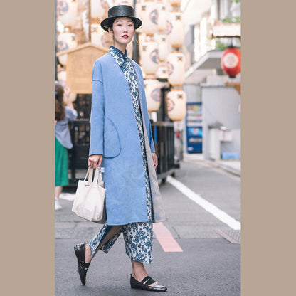 Fine Blue Wool Coat for Woman Two Ways to Wear Winter Jackets Embroidery Coats