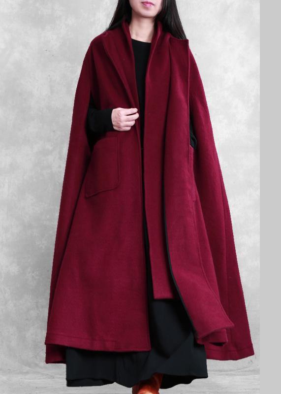 Fine Burgundy Woolen Coat Oversize Winter Coat Batwing Sleeve Large Hem