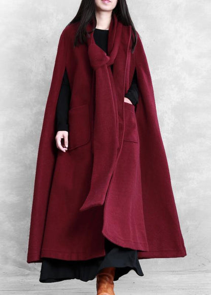 Fine Burgundy Woolen Coat Oversize Winter Coat Batwing Sleeve Large Hem