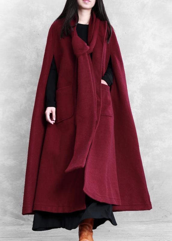 Fine Burgundy Woolen Coat Oversize Winter Coat Batwing Sleeve Large Hem