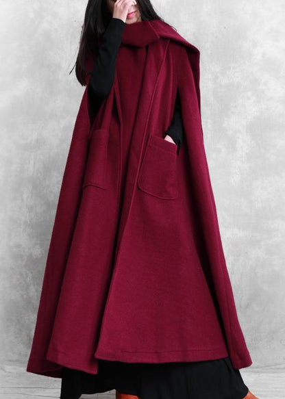 Fine Burgundy Woolen Coat Oversize Winter Coat Batwing Sleeve Large Hem