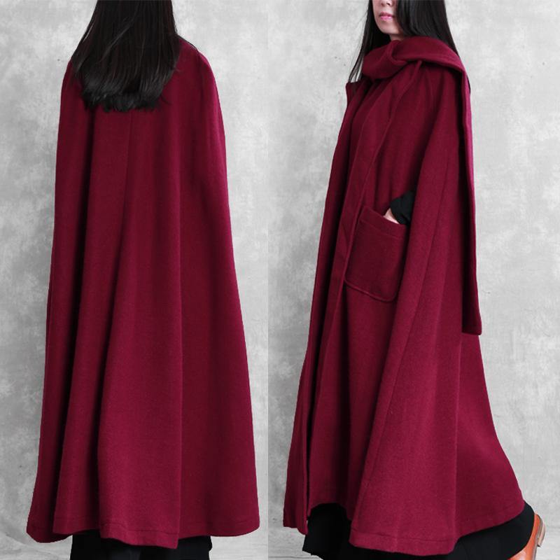Fine Burgundy Woolen Coat Oversize Winter Coat Batwing Sleeve Large Hem