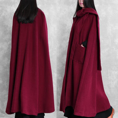 Fine Burgundy Woolen Coat Oversize Winter Coat Batwing Sleeve Large Hem