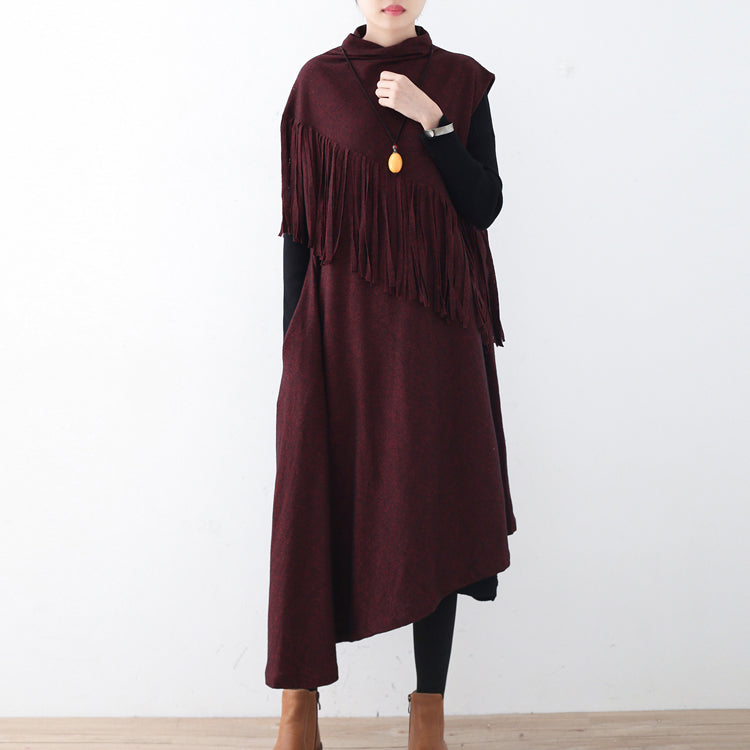 Fine Burgundy Long Woolen Tassel Fall Dresses Asymmetric Winter Dress