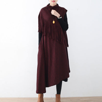 Fine Burgundy Long Woolen Tassel Fall Dresses Asymmetric Winter Dress