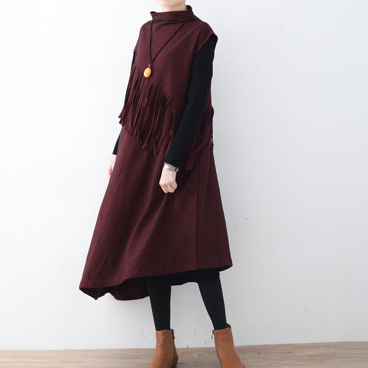 Fine Burgundy Long Woolen Tassel Fall Dresses Asymmetric Winter Dress
