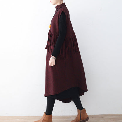 Fine Burgundy Long Woolen Tassel Fall Dresses Asymmetric Winter Dress