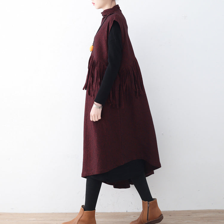 Fine Burgundy Long Woolen Tassel Fall Dresses Asymmetric Winter Dress
