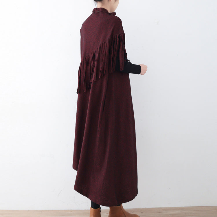 Fine Burgundy Long Woolen Tassel Fall Dresses Asymmetric Winter Dress