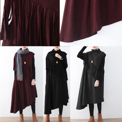 Fine Burgundy Long Woolen Tassel Fall Dresses Asymmetric Winter Dress