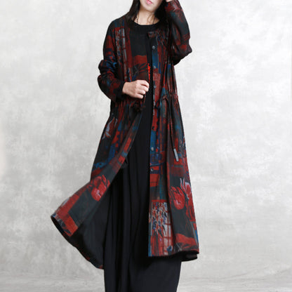 Fine Burgundy Print Coats Oversized O Neck Tie Waist Outwear Long Sleeve Pockets Coats Dresses