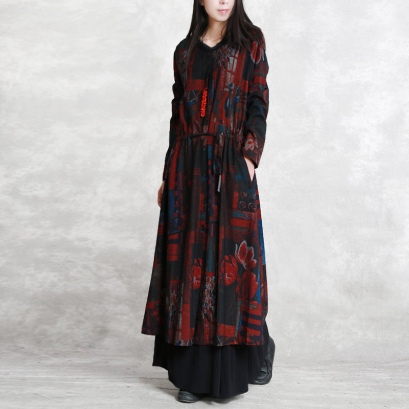 Fine Burgundy Print Coats Oversized O Neck Tie Waist Outwear Long Sleeve Pockets Coats Dresses