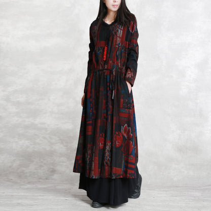 Fine Burgundy Print Coats Oversized O Neck Tie Waist Outwear Long Sleeve Pockets Coats Dresses