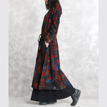 Fine Burgundy Print Coats Oversized O Neck Tie Waist Outwear Long Sleeve Pockets Coats Dresses