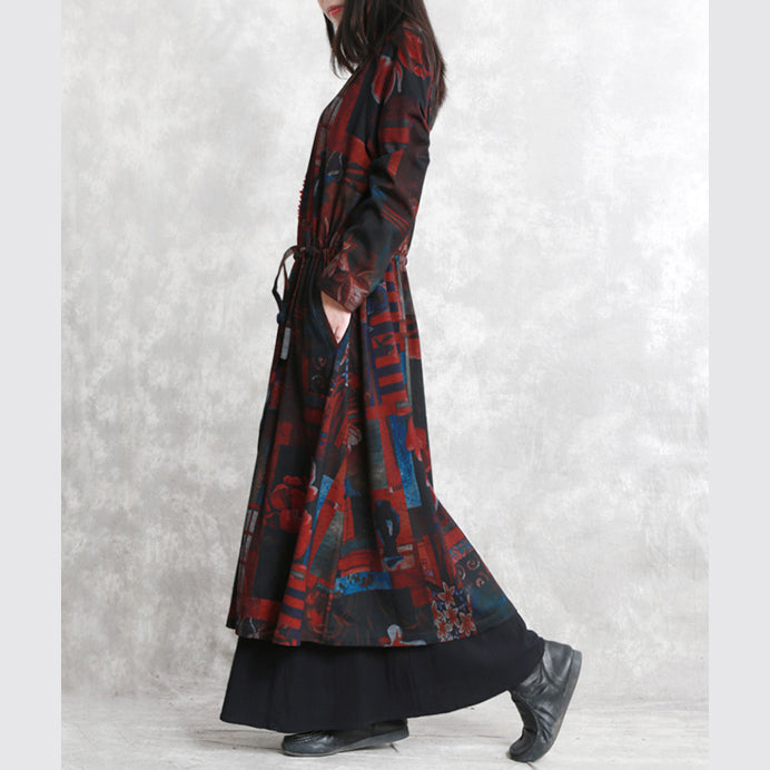 Fine Burgundy Print Coats Oversized O Neck Tie Waist Outwear Long Sleeve Pockets Coats Dresses