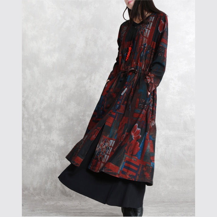 Fine Burgundy Print Coats Oversized O Neck Tie Waist Outwear Long Sleeve Pockets Coats Dresses