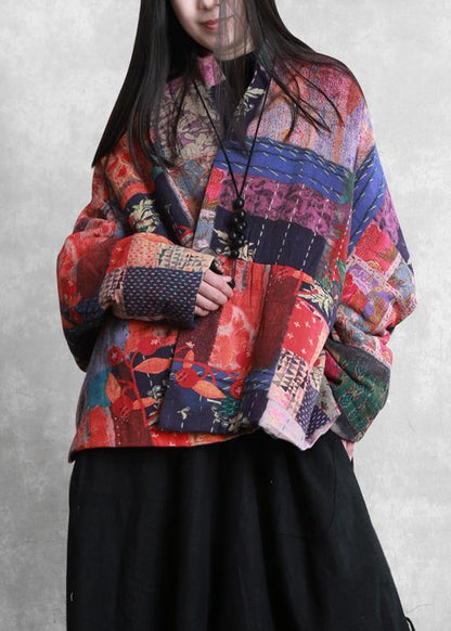 Fine Down Jacket Winter Outwear Print V Neck Pockets Outwear