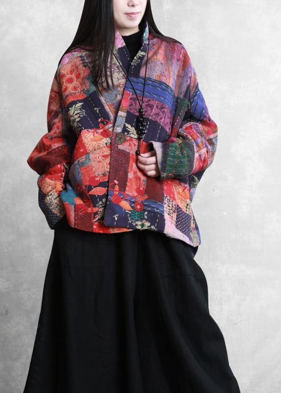 Fine Down Jacket Winter Outwear Print V Neck Pockets Outwear