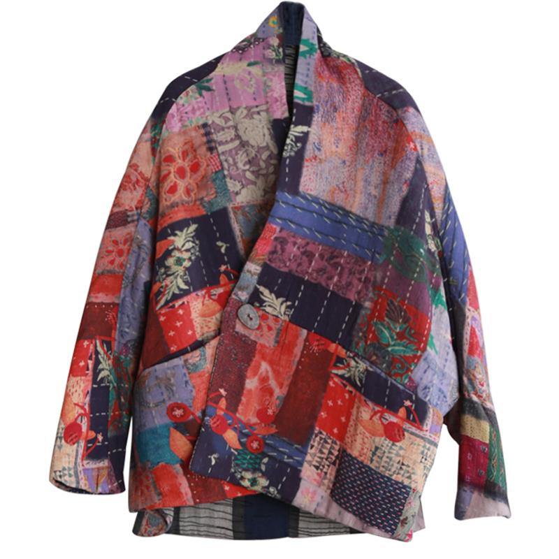 Fine Down Jacket Winter Outwear Print V Neck Pockets Outwear