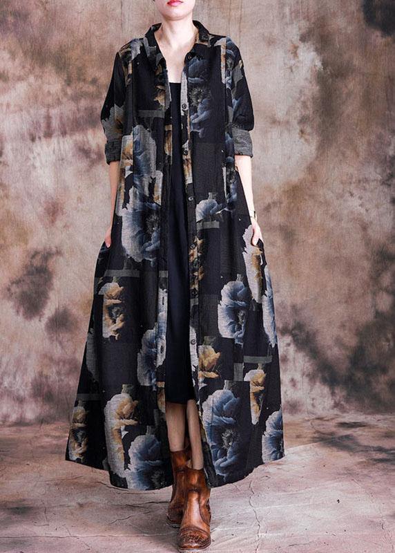 Fine Long Coat Fall Gray Black Print Lapel Button Down Coats