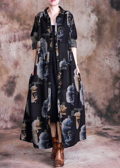 Fine Long Coat Fall Gray Black Print Lapel Button Down Coats