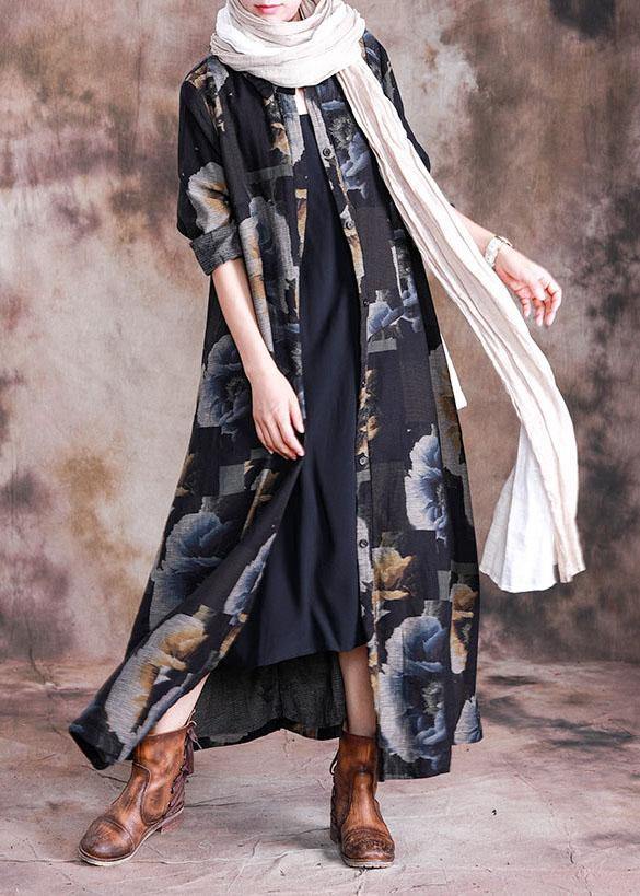 Fine Long Coat Fall Gray Black Print Lapel Button Down Coats