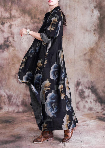 Fine Long Coat Fall Gray Black Print Lapel Button Down Coats