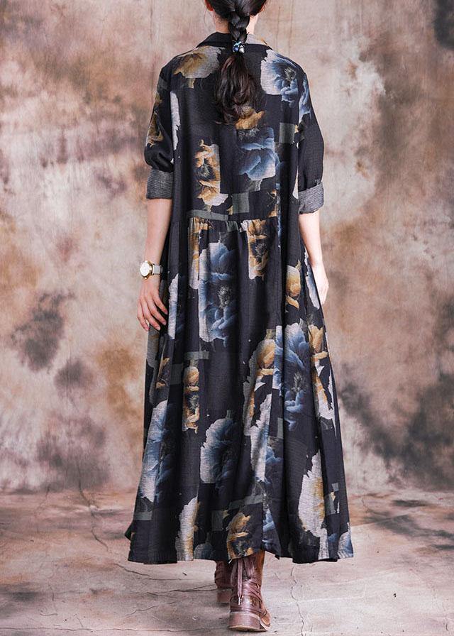 Fine Long Coat Fall Gray Black Print Lapel Button Down Coats