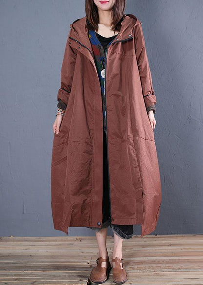 Fine Long Fall Brown Hooded Zippered Overcoat