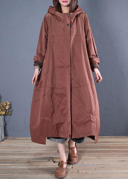 Fine Long Fall Brown Hooded Zippered Overcoat
