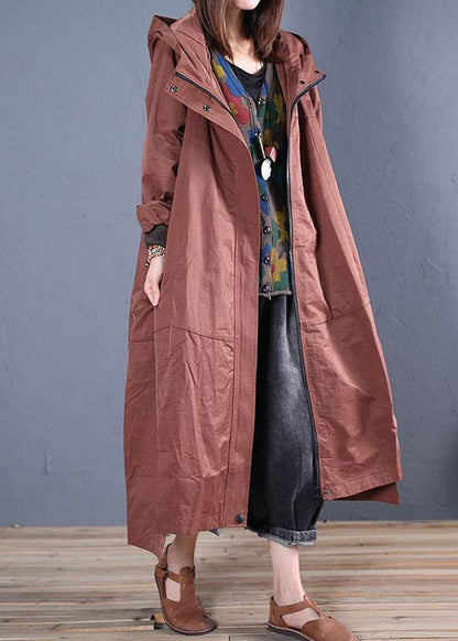 Fine Long Fall Brown Hooded Zippered Overcoat