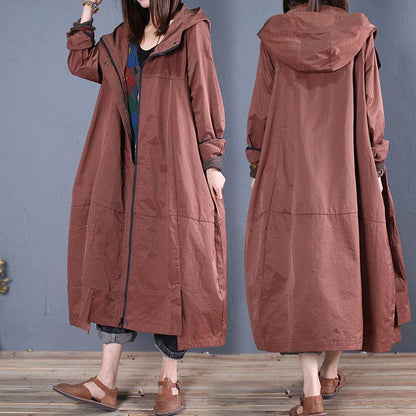 Fine Long Fall Brown Hooded Zippered Overcoat