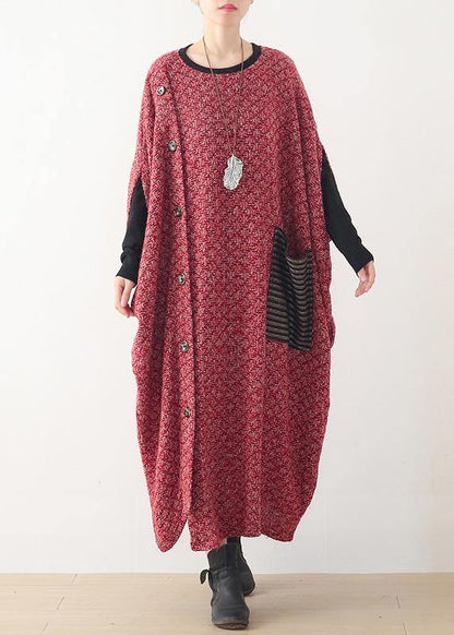 Fine Long Winter Dress Red O Neck Asymmetric Woolen Dress