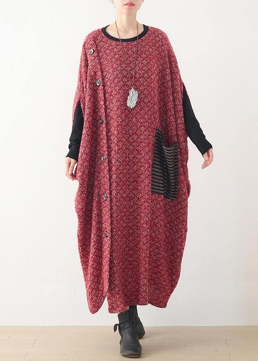 Fine Long Winter Dress Red O Neck Asymmetric Woolen Dress