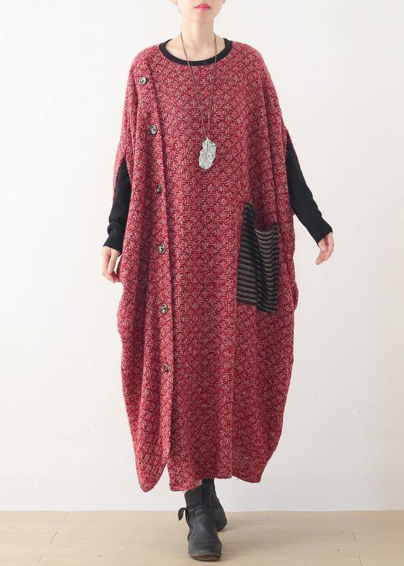 Fine Long Winter Dress Red O Neck Asymmetric Woolen Dress