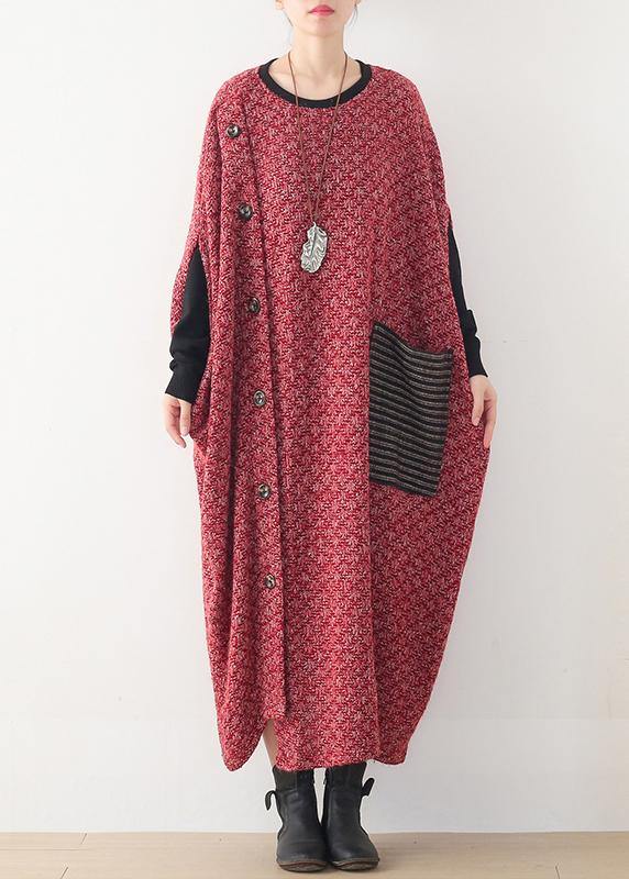 Fine Long Winter Dress Red O Neck Asymmetric Woolen Dress