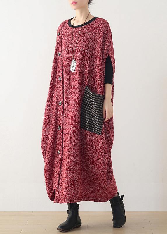 Fine Long Winter Dress Red O Neck Asymmetric Woolen Dress