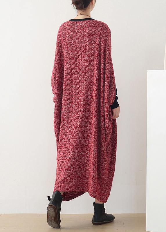 Fine Long Winter Dress Red O Neck Asymmetric Woolen Dress