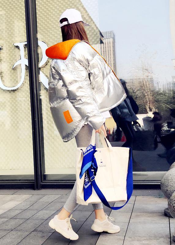 Fine Parka Winter Outwear Silver Patchwork Stand Collar Zippered Goose Down Coat