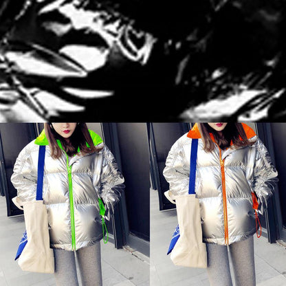 Fine Parka Winter Outwear Silver Patchwork Stand Collar Zippered Goose Down Coat