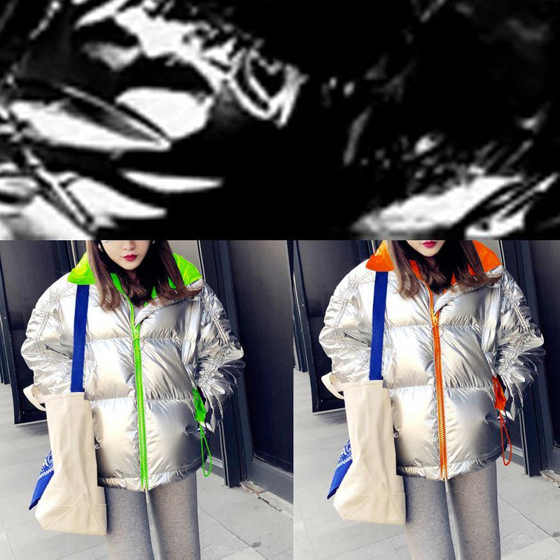 Fine Parka Winter Outwear Silver Patchwork Stand Collar Zippered Goose Down Coat